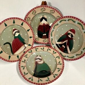 Set 4 8” Oneida Holiday Cats Fiddlestix Stoneware Christmas Salad Dessert Plates